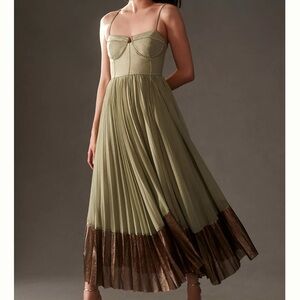 Anthropologie Olive and Bronze Pleated Midi Dress